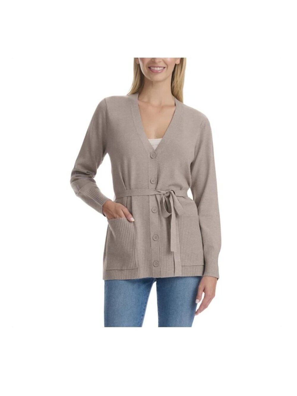 NWT Splendid Women's M Taupe Cardigan Sweater With Belted Waist & Pockets C0643